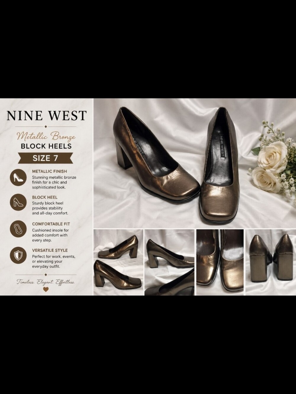 Nine West Metallic Bronze Block Heel Pumps